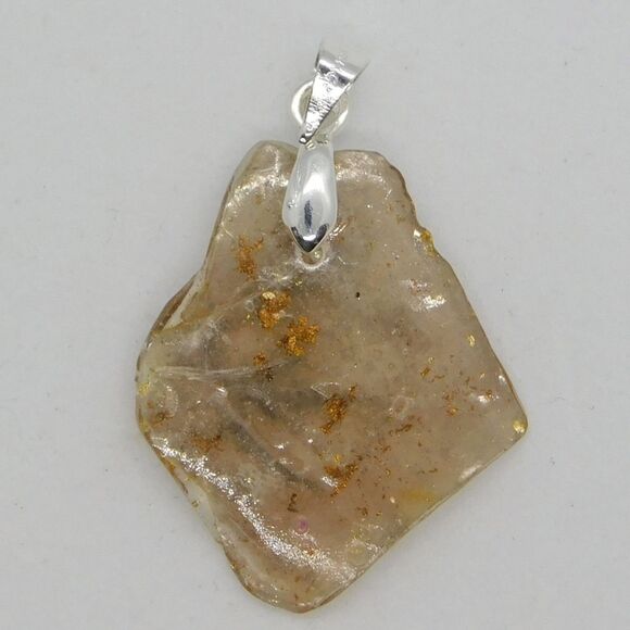 Gold Flecked Epoxy Resin Silver Mica Chip Pendant 18 in Sterling Silver Chain - Picture 7 of 10